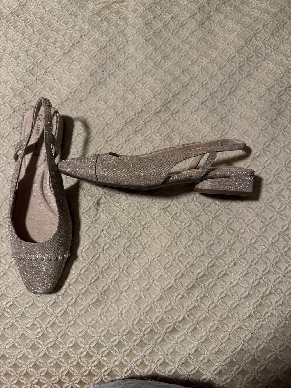 Anne Klein Champagne Glitter Slingback Flats with Pearl Trim